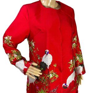 NWT LA CERA Size M Blazer Women's Embroidered Jacket Red Asian Cranes Birds 5672